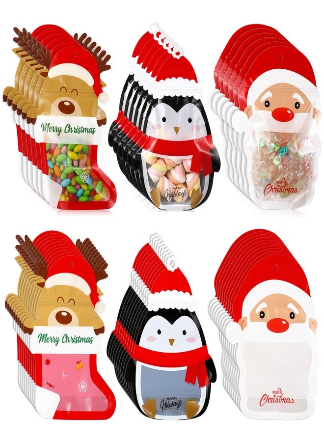 Resurhang 60 Pcs Christmas Treat Bags Candy Zipper Cute Reindeer Penguin Santa Claus Food Goodie Gifts Bags Resealable Christmas Snack Candy Containers with Handle for Xmas Party Supplies - Image 1